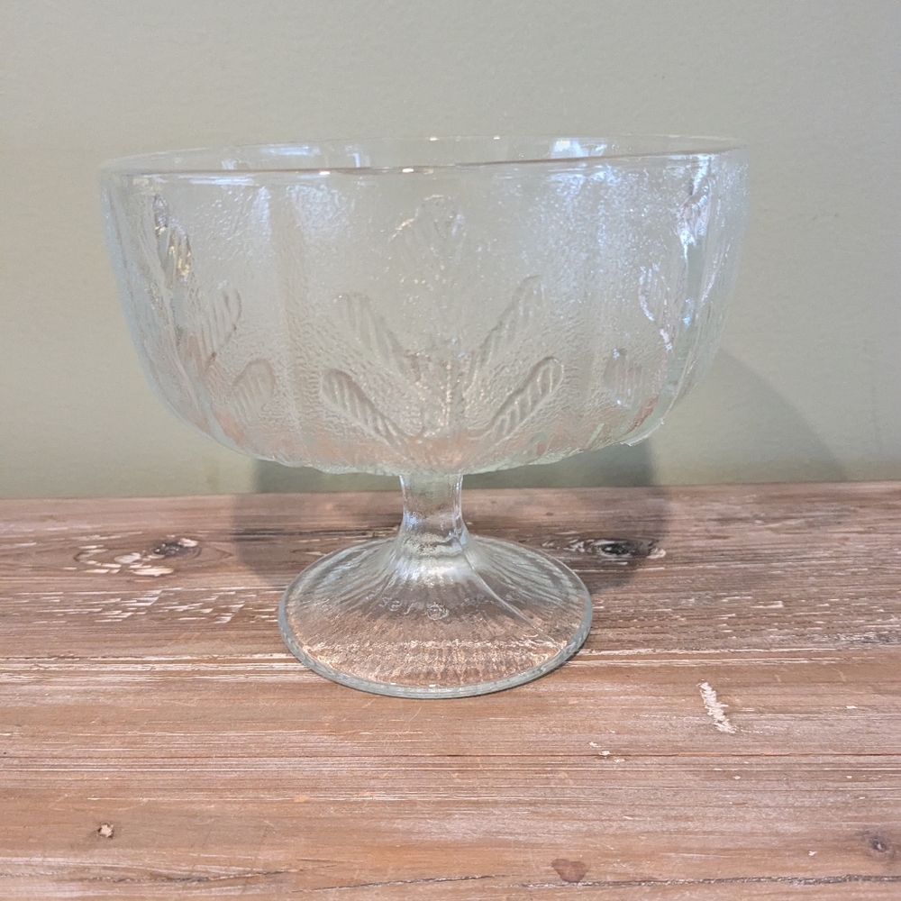 Vintage FTD 1975 Clear Glass Pedestal Vase Planter Compote Dish Oak Leaf Design
